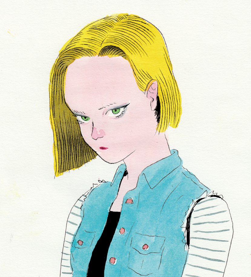 android 18 1girl solo blonde hair short hair green eyes denim jacket shirt  illustration images