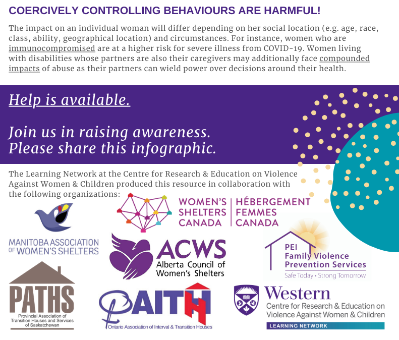 COVID-19 is a pandemic within a pandemic.  Control and intimidation tactics already used by partners who cause harm, can be compounded by their use of COVID-19-related controlling behaviours.
(Source: Violence Against Women Learning Network)
#intimatepartnerabuse
