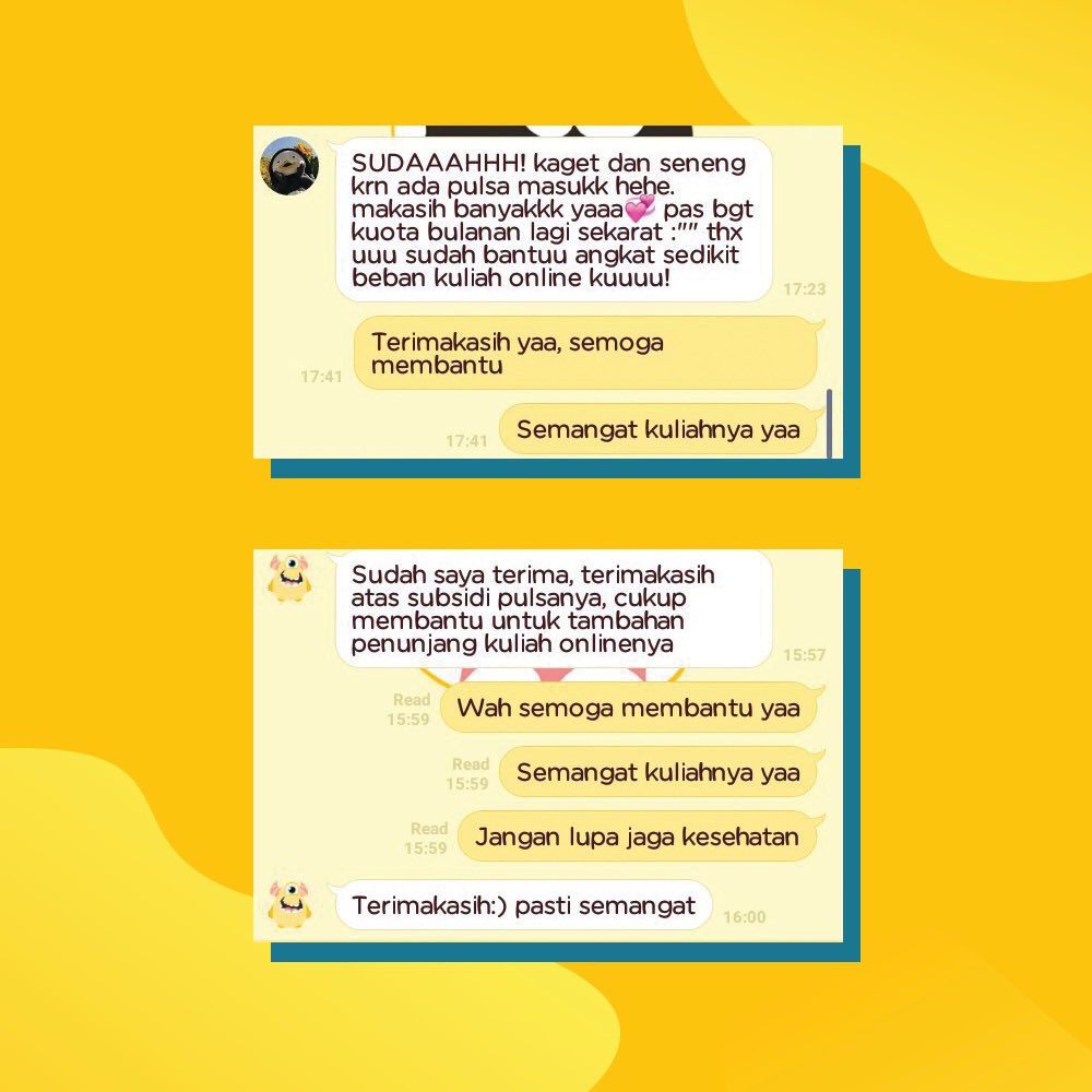 bantukuliah's tweet photo. Berikut adalah beberapa tanggapan baik dari kawan mahasiswa yang sudah menerima bantuan dari kalian. Sedikit bantuan dari kita, bermakna besar bagi yang membutuhkan!☺️ #BantuKuliah #BantuKawan #CommUndip https://t.co/Wn6D5HTHtX