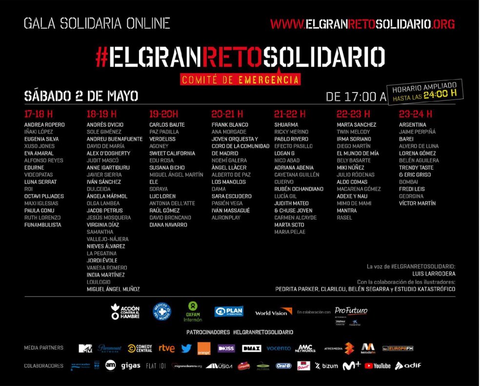 Hoy a las 17h conéctate a elgranretosolidario.org . Una gala solidaria online, que reúne en directo a un elenco de más de 100 artistas y celebrities en la lucha contra #COVID__19 . En <a href="/SomosFlat101/">Flat 101</a> hemos participado aportado nuestro granito de arena 😉