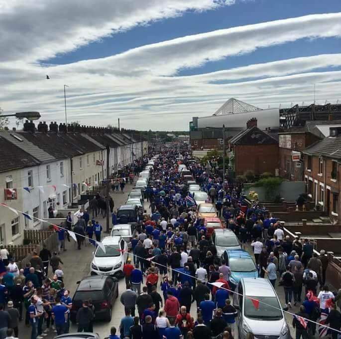 OfficialBlues's tweet photo. With an hour until kick-off, Linfield fans are arriving ahead of the 2017 Irish Cup Final. #AsLive #WaterworthWeek https://t.co/wm8feb9kfl