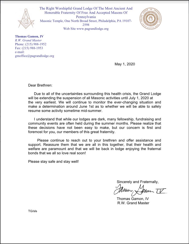 MasonLodge's tweet photo. By order of the R.W. Grand Master of Pennsylvania, all Masonic activities in the State of Pennsylvania are suspended until 1 July 2020. https://t.co/kTvYDQMQAi