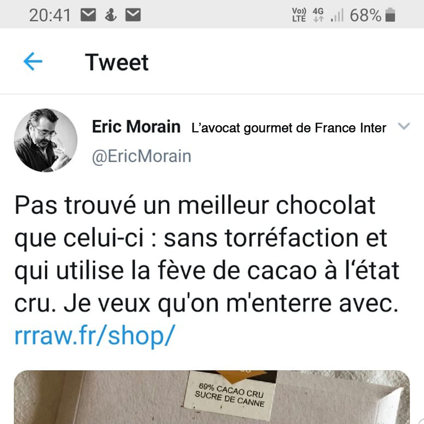 Quand, l'avocat gourmet de France Inter, Eric Morain découvre mes créations, voici son délicieux tweet !