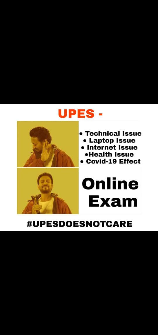 ShubhankitSing2's tweet photo. @HRDMinistry @DrRPNishank @PMOIndia @tsrawatbjp @ugc_india
Upes final semester exams are important than CLAT 2020 and other government exams which have been rescheduled due to COVID-19. https://t.co/vK2IcRqOYQ
