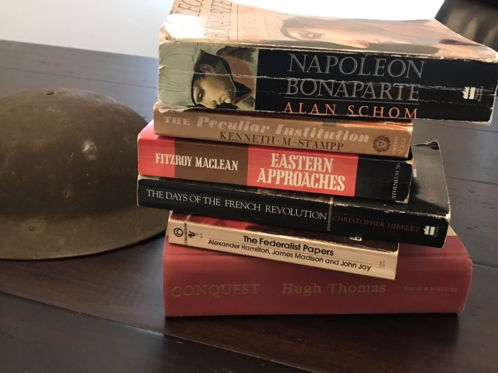 GeorgeGoesToWar's tweet photo. @Christo70642900 @Wrap10 @dame1776 @TheHistoryList @GoganianSue @dsgnman @museumsamSTL @DustinGrowick @JuliaKennedy_ @AlliHartley1 @aprice1828 @valeriehahn @robshenk @rjstein @TheFitzwilly @ElizabethChew @ALoshaw @HistorianHope @mwinikates @ZacharyWnek @rafdotmass @CDMatthewMurphy @Boston1775 @HistoryCampOff1 @GeoPlunge @NewportHistory @StarlitSkyGW @D_PaulAngel @history_hutch @Vahle48 @Miss_Bellatrix @KarenAChase @MPed0715 @SCarolinaCiara @DIveyREPORTER @sarahkaybierle @ChefDad17 @PJFXMooney @Andrewcreed3 @ErnestMalley @Medical_Int Hey, thanks for including me Chris! So, my stack is fairly eclectic—they’re all older books I grabbed from my father’s basement a few months back. No American Civil War books, *at the moment*.
I can’t recommend Fitzroy Maclean’s #EasternApproaches highly enough! It’s fantastic! https://t.co/aQZeMTMRCI