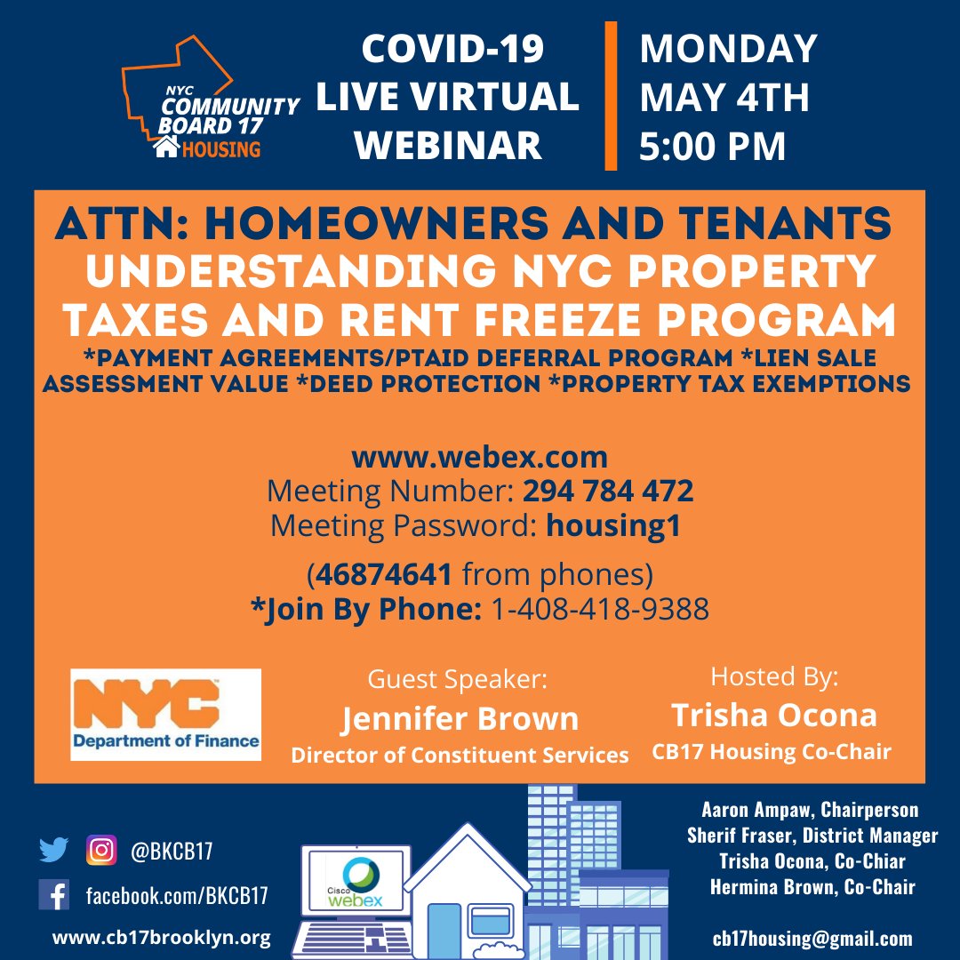 This Mon. May 4th, the 3rd virtual meeting in our #housing series will take place featuring <a href="/NYCFinance/">NYC Finance</a>'s Jennifer Brown. 

Link: ow.ly/UCNF50zuINF
Meeting Number: 294 784 472
Meeting Password: housing1 
(46874641 from phones)
*Join By Phone: 1-408-418-9388