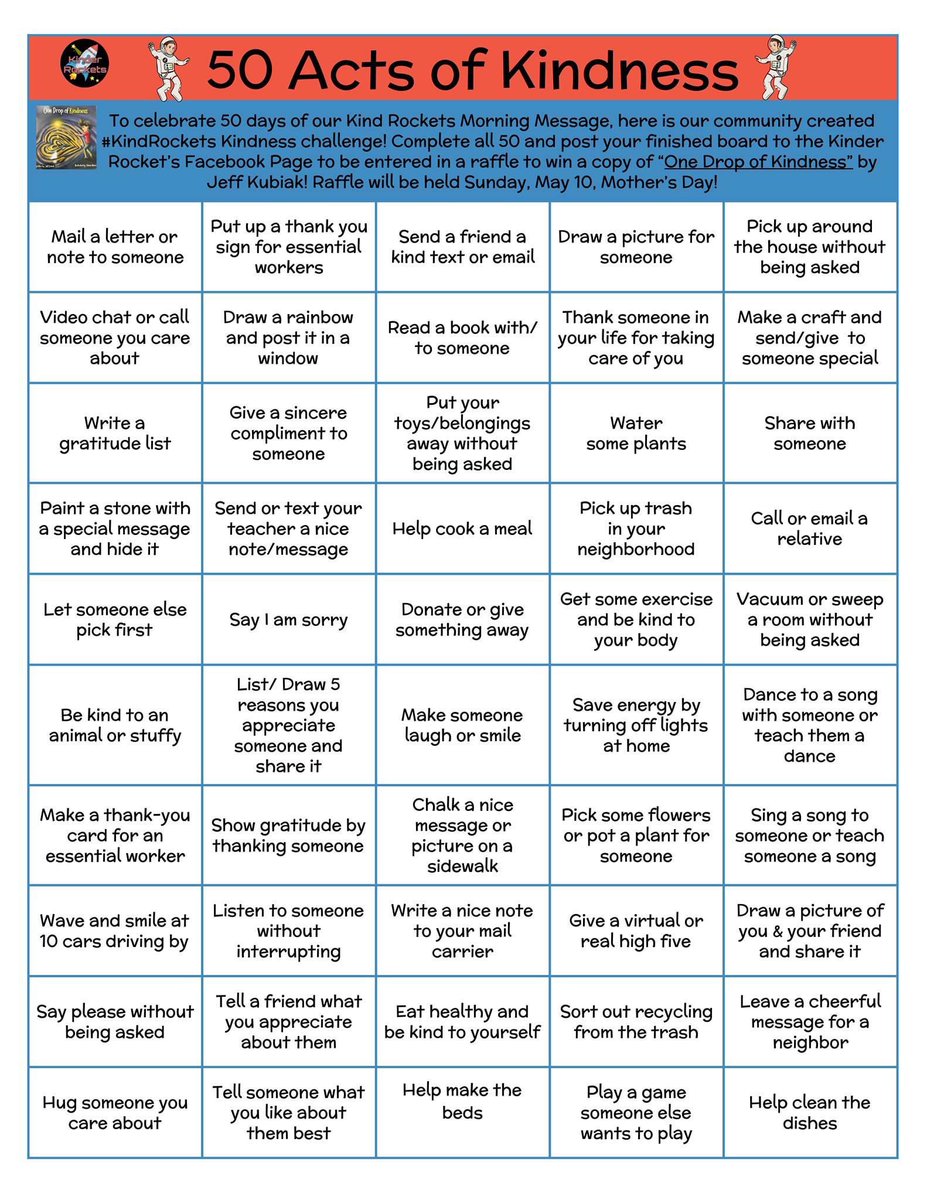 cogswell_ben's tweet photo. 🚀 Hope you join us in the 5️⃣0️⃣ Acts of ❤️Kindness Challenge!!!! 

This community created challenge promotes kind acts big and small! 

#kindrockets #wearecue #alisalstrong #bardinstrong #remotelearning #COVIDー19 #Covid_19 #mbcue #caedchat #tosachat #alisafuerte @AUSD_FRCs https://t.co/zwEbcD9A7e