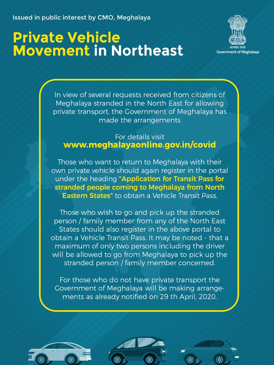 The Govt. of Meghalaya will permit private vehicles to pick-up family members stranded in North East States. Citizens may register/apply by visiting: meghalayaonline.gov.in/covid 

Kindly follow the guidelines in the order carefully. 
<a href="/MeghalayaPolice/">Meghalaya Police</a> <a href="/PIBShillong/">PIB In Meghalaya</a> <a href="/airnews_shi/">AIR News Shillong ~</a>