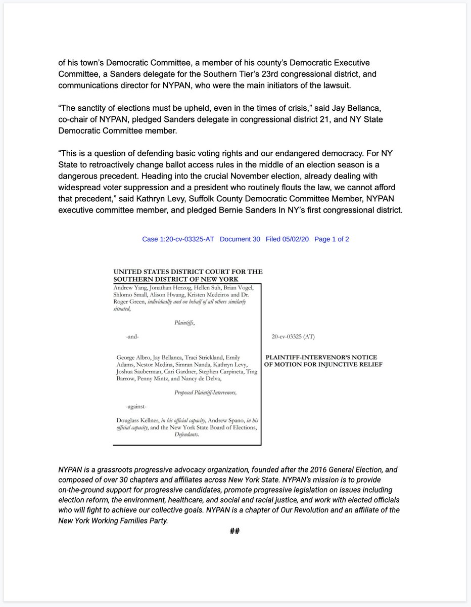 NYPANetwork's tweet photo. More than a doz Sanders del.s and members of the NY Dem Cmte filed a lawsuit in federal court Friday against Dem Elex Comm.s D Kellner and A Spano, both appointed by @NYGovCuomo , for their role in removing candidates from the ballot, effectively cancelling the pres primary in NY https://t.co/S3AxPmsR67