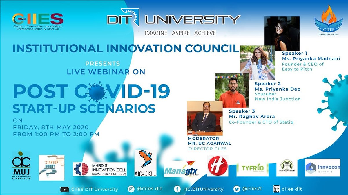 ciies2's tweet photo. CIIES, DIT University is organising a webinar on "Post Covid-19 startup scenarios" on 8th May, 2020 from 1pm to 2pm.
@priyankadeo ,@priyankamadnani
@Ucagarwalhr, @ciies2, @dit_university, @nscognosy2006
@Sanjay30249930
Link 👇
https://t.co/flSioQYlEF https://t.co/NCLxEP3a3L