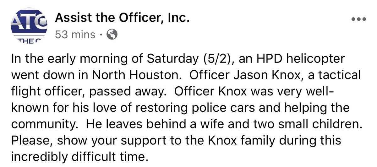 HPOUTX's tweet photo. It you would like to make a financial contribution to Officer Jason Knox' family, please go to https://t.co/WZMUeUxZYE. 100% of all donations to @ATOHouston go directly to the officers and their families. https://t.co/ksO9xJclvz https://t.co/NByICEdApO