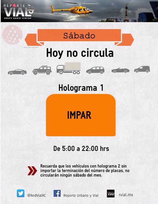 RedVialRC's tweet photo. #NoSalgasDeCasa
#RecuerdaQue.... hoy #Sábado, los autos con #Holograma2 y aquellos #Holograma1 con terminación placa #Impar no #Circulan.
¡Evita infracciones!
#TipsRVial https://t.co/uJj3nIWgkT