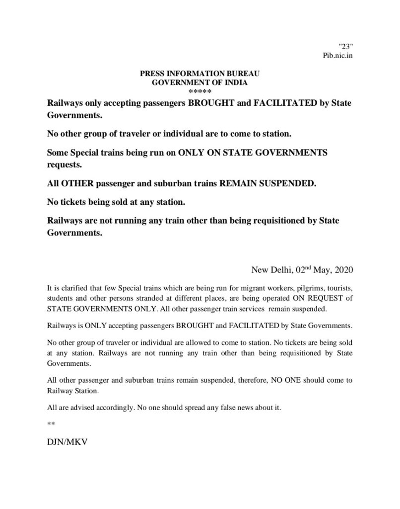 Railways are not running any trains other than special trains requisitioned by State Govts.

Passengers BROUGHT and FACILITATED by State Govts. can ONLY travel

No one should come to Station
No tickets are being sold at any station

#IndiaFightsCorona 

pib.gov.in/PressReleseDet…