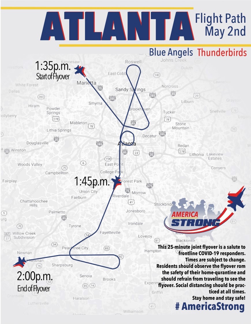wsbradio's tweet photo. HAPPENING NOW: It's a bird, it's a plane, it’s the Blue Angels and the Thunderbirds honoring front line responders and essential workers! HURRY and take a look outside to capture the patriotic moment as they fly over Atlanta.  https://t.co/QGeIFzs8Un https://t.co/SiHqym46dm