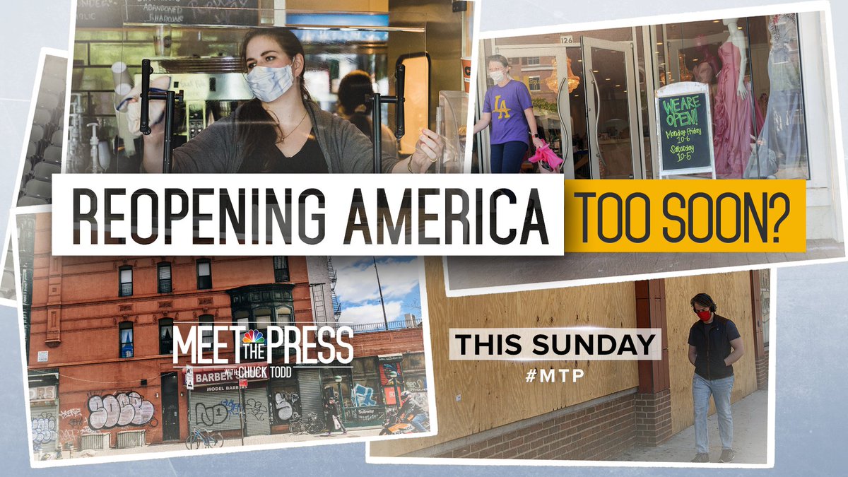 MeetThePress's tweet photo. TOMORROW ON #MTP: As several states reopen, is it too soon? Ala. State Health Officer, Dr. Scott Harris, Mich. Chief Deputy Director for Health, @DrKhaldun and Dr. T_Inglesby join exclusively. Plus, Sir John Bell of Oxford University on the development of a vaccine. https://t.co/PGg6kcxdqg
