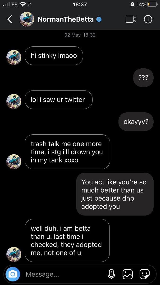 meowkyuu's tweet photo. I’m sorry, I had to share this. This is actually disgusting behaviour, and I expect better from someone who spends so much time around amazing people. Please share this so dnp can see how big of a mistake they made adopting Norman.
#NORMANISOVERPARTY https://t.co/V6AhbbpuvX