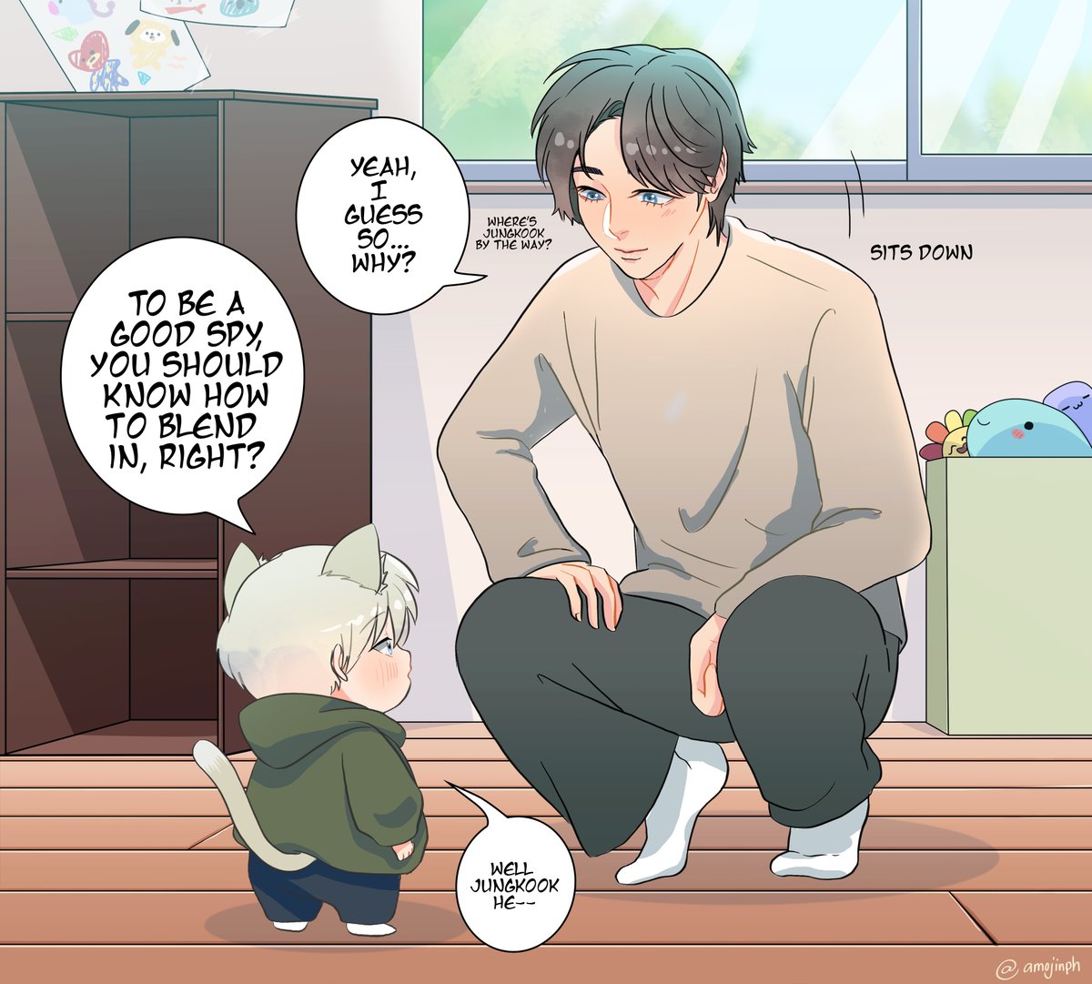 Lil' meow meow is a snitch 🐱🐯🐰
#btsfanart #bts @BTS_twt 
#jungkook #suga #v 