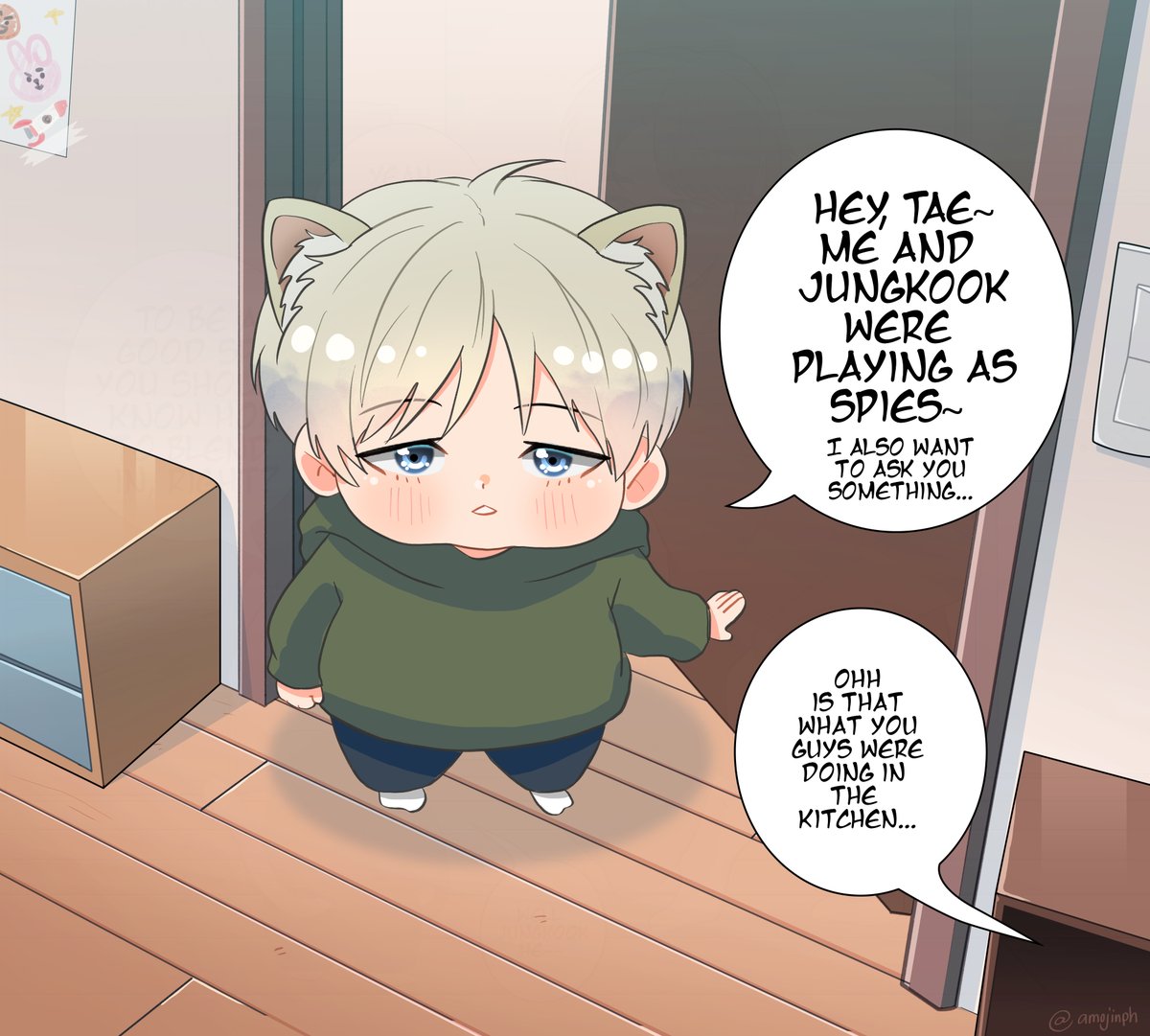 Lil' meow meow is a snitch 🐱🐯🐰
#btsfanart #bts @BTS_twt 
#jungkook #suga #v 
