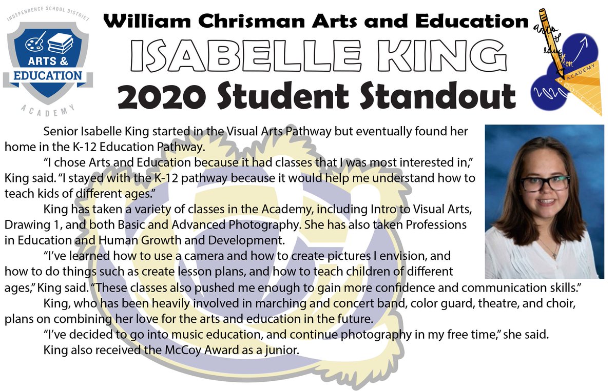 We want to continue to recognize our students while we're away and are extending our Student Spotlights. Still waiting for responses to our Spotlight Survey, but as they are submitted, we will release new Spotlights. 
Today's Spotlight: Isabelle King