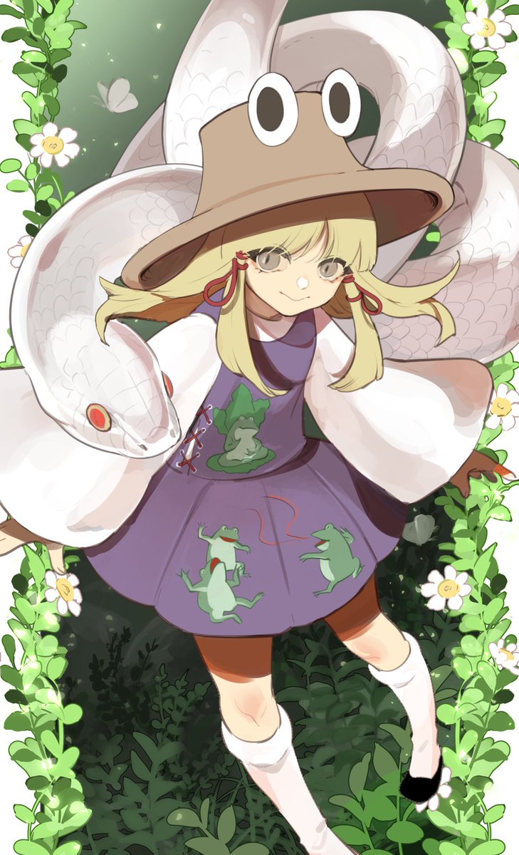 moriya suwako 1girl blonde hair skirt animal print frog print hat flower  illustration images