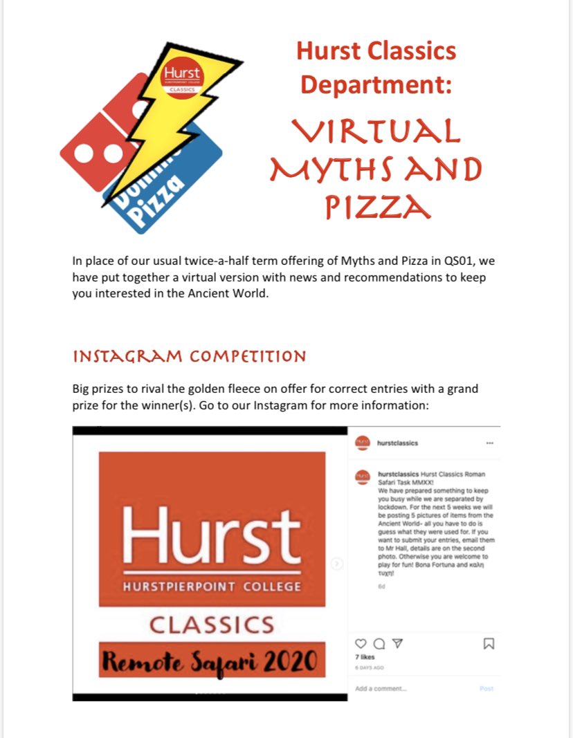 Hurst_Classics's tweet photo. Hurst pupils and staff have received our Virtual Myths and Pizza newsletter in place of our usual meeting! Check out the competitions - one on Instagram and the other is to recreate your favourite piece of ancient art at home #isolationcreation https://t.co/d4L06Cq7l7