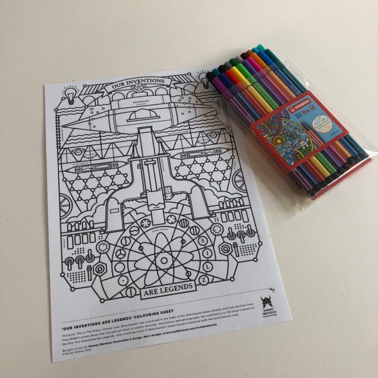 thisplacemcr's tweet photo. Remember @barneyibbotson illustration in the @LongfellaPoet book? Well he’s just realeased it as a FREE download so you can colour it in! AND IT’S FAB!!! “Our Inventions Are Legends!” #stayhome https://t.co/NQO54B6G28
