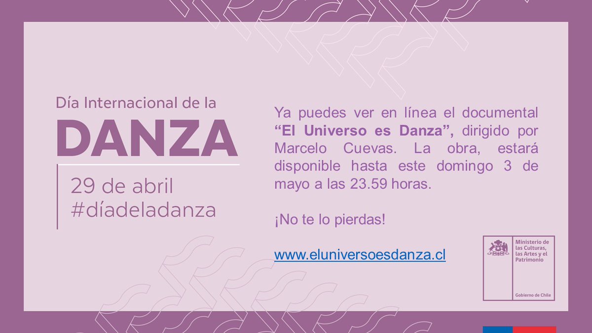 Culturas_arauc's tweet photo. Ya puedes ver en línea el documental “El Universo es Danza”, dirigido por Marcelo Cuevas. 

La obra audiovisual, estará disponible hasta el domingo 3 de mayo a las 23.59 horas. 

¡No te lo pierdas!

https://t.co/lKYv66gcm6

#DíaDeLaDanza  #EligeCulturaEnCasa https://t.co/07EivpM44F