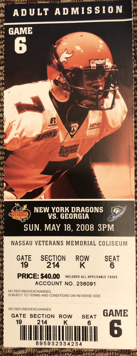 SchwartzSports's tweet photo. This ticket stub is from the #NYDragons vs #GeorgiaForce @OfficialAFL game on 5-18-08 at Nassau Coliseum @NYCBLive. I sound like a broken record but I miss it so much. @ArenaFan @ArenaHOF https://t.co/TKpxzyssCt