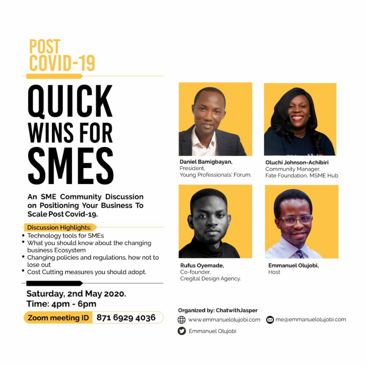 EmmanuelJasper's tweet photo. Zoom Meeting Invite
https://t.co/Ka1VCmtpAP
Meeting ID: 871 6929 4036
Saturday, 02/05/2020.
4PM.
#postcovid19 #smes #communitydiscussions https://t.co/1i456cl2GW