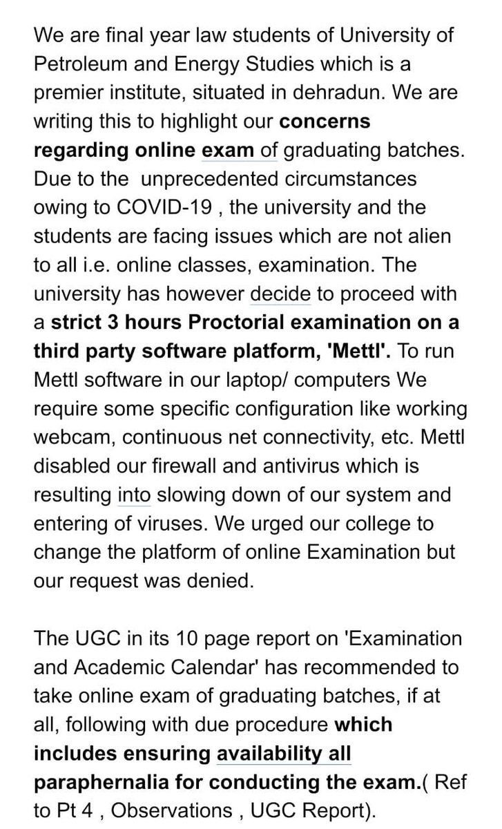 tanviSri95's tweet photo. @DrRPNishank @narendramodi @AmitShah @PMOIndia @HMOIndia @HRDMinistry @mygovindia @transformIndia @PIB_India @MIB_India @DDNewslive Sir, We are raising or grievance under #UPESDOESNTCARE . our college is conducting exams against the guidelines of UGC @ugc_india We are final year students, our careers are at stake. HELP US. I have attached the jist of the current situation faced by us. https://t.co/4RawbANnXl