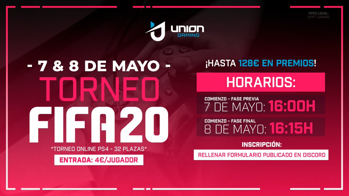 UnionGamingEs's tweet photo. 🏆¡Nuevo TORNEO online de #FIFA20!🏆

Coge tus botas y tu equipación y prepárate para saltar al campo.⚽️

🗓️7 y 8 de mayo
🕹️PS4
👥32 jugadores

🎟️Inscripción: https://t.co/hFgUTzxtTY
ℹ️Información en #discord: https://t.co/Cgfka0WkQ2 https://t.co/b4S8N5K70h