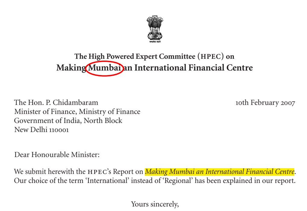What <a href="/Dev_Fadnavis/">Devendra Fadnavis</a> has tweeted was a UPA Expert Group Report on Making Mumbai an International Financial Centre. This group was set up exclusively to make #IFSCinMumbai. Read the report before making misleading statements. In 2015 Modi obstinately chose Ahmadabad over Mumbai.