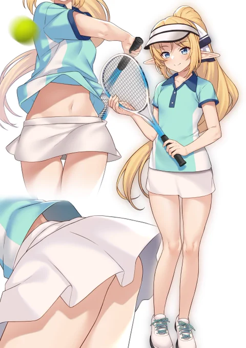 クラスメイトに誘われて女子テニス部に体験入部してみたエルフのお姫様の絵です。不思議な力によってスカートの中は周りに見えません。(オリジナル) #援助交配 