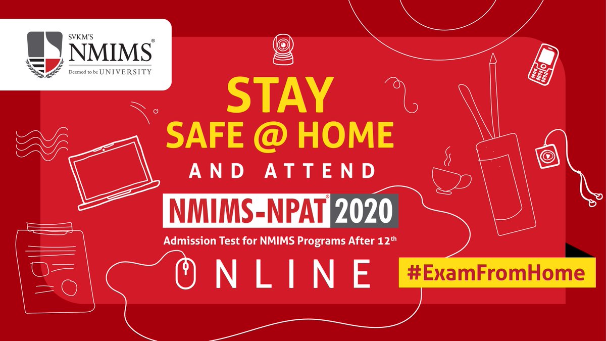 nmims_india's tweet photo. Why go out or worry when we're bringing NPAT to your desktop! Creating careers never stops at NMIMS. Stay safe & prepared for #ExamFromHome.
Application closes on 10th May.
Apply now on https://t.co/DXPg3C1xOA
#NMIMS #NPAT2020 #MPSTME #SOD #ASMSOC #SAMSOE #JDSOLA #SPPSPTM #SOBA https://t.co/0iS4HEbgbt