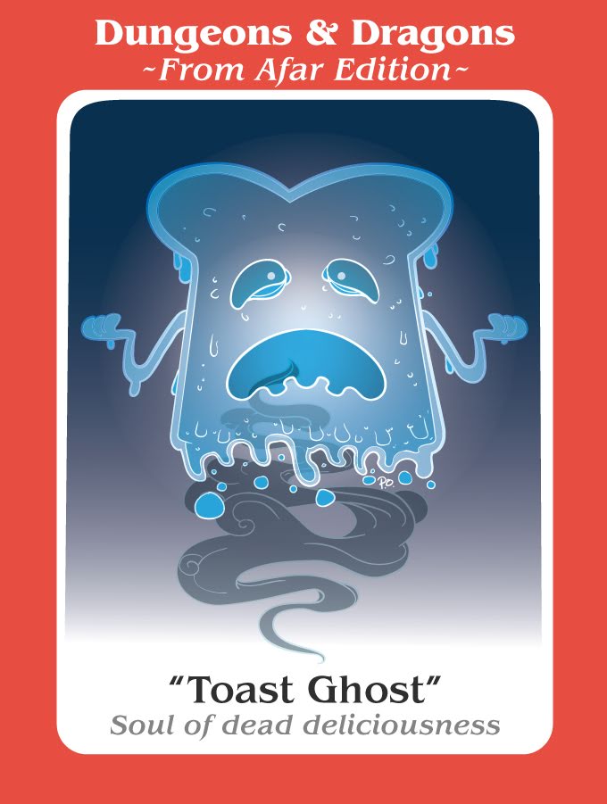 tolemach's tweet photo. @davidtilstra inspired this D&D Creature Card! The toast ghost emerges from the tragedy of its burnt remains! #dnd #monster #art #rpg #toast #ghost #toastghost #creaturecard https://t.co/BY5oJDKLV7