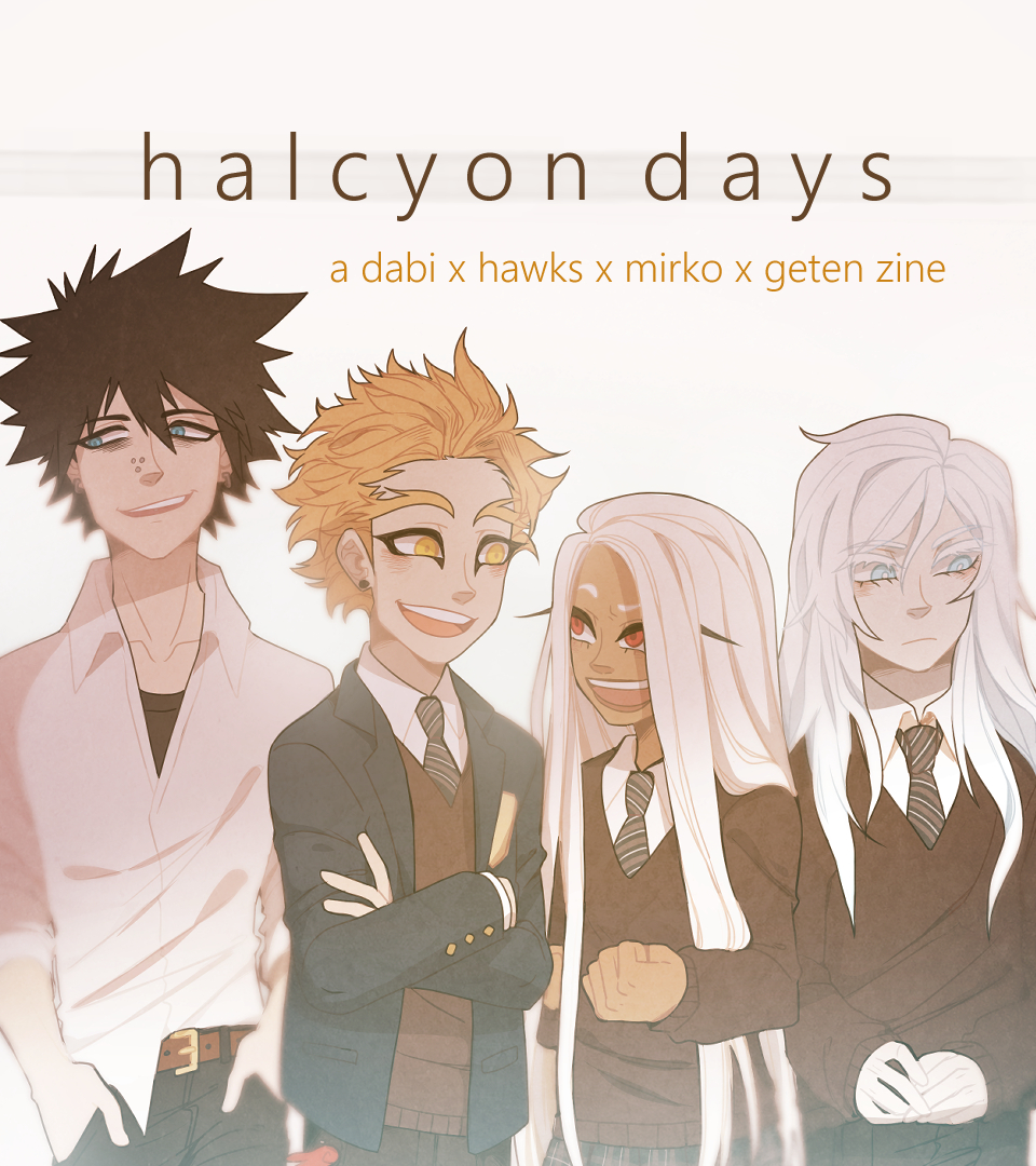 princeorca's tweet photo. The bnha halcyon digital zine is ready for download on gumroad! 
https://t.co/2oPE4uVU9Q
☀️ dabi x hawks x mirko x geten
☀️ 42 pages (PDF file)
☀️ full color
☀️ $9USD
☀️ rated PG-13
#bnha #mha #zine #dabi #hawks #mirko #geten https://t.co/y1HXQ3sc5I