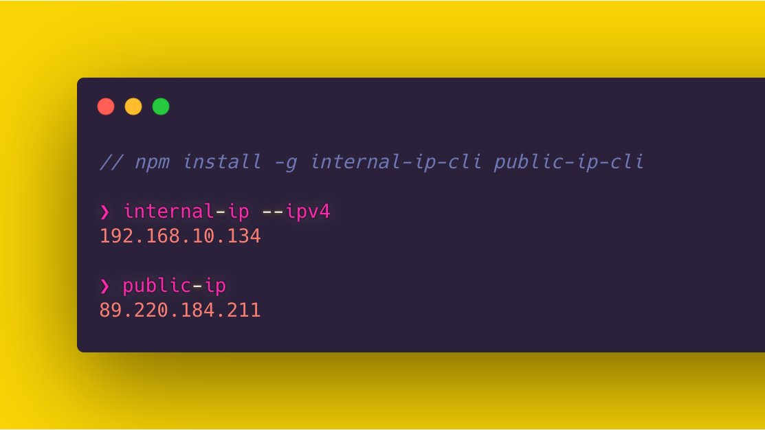 🥱 ¿Cansado de buscar tu ip pública e interna?

Con `internal-ip-cli` y `public-ip-cli` puedes acceder de inmediato a la información de tu #ip desde la #terminal. 🤯