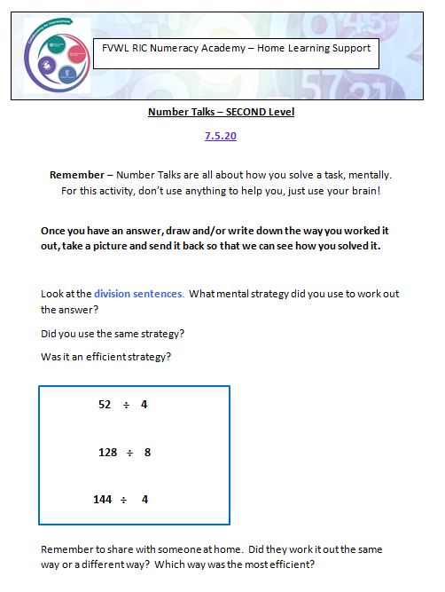 FVWLricNumerac1's tweet photo. Number Talks - Second Level – 7/5/20 Good morning  - please find today’s Division Number Talks.   Today’s encourages ‘Halving and Halving’ but what strategy will your learners use?  Tag us in their solutions. Teacher Info att #homelearning #numbertalks https://t.co/l020lH0aSu