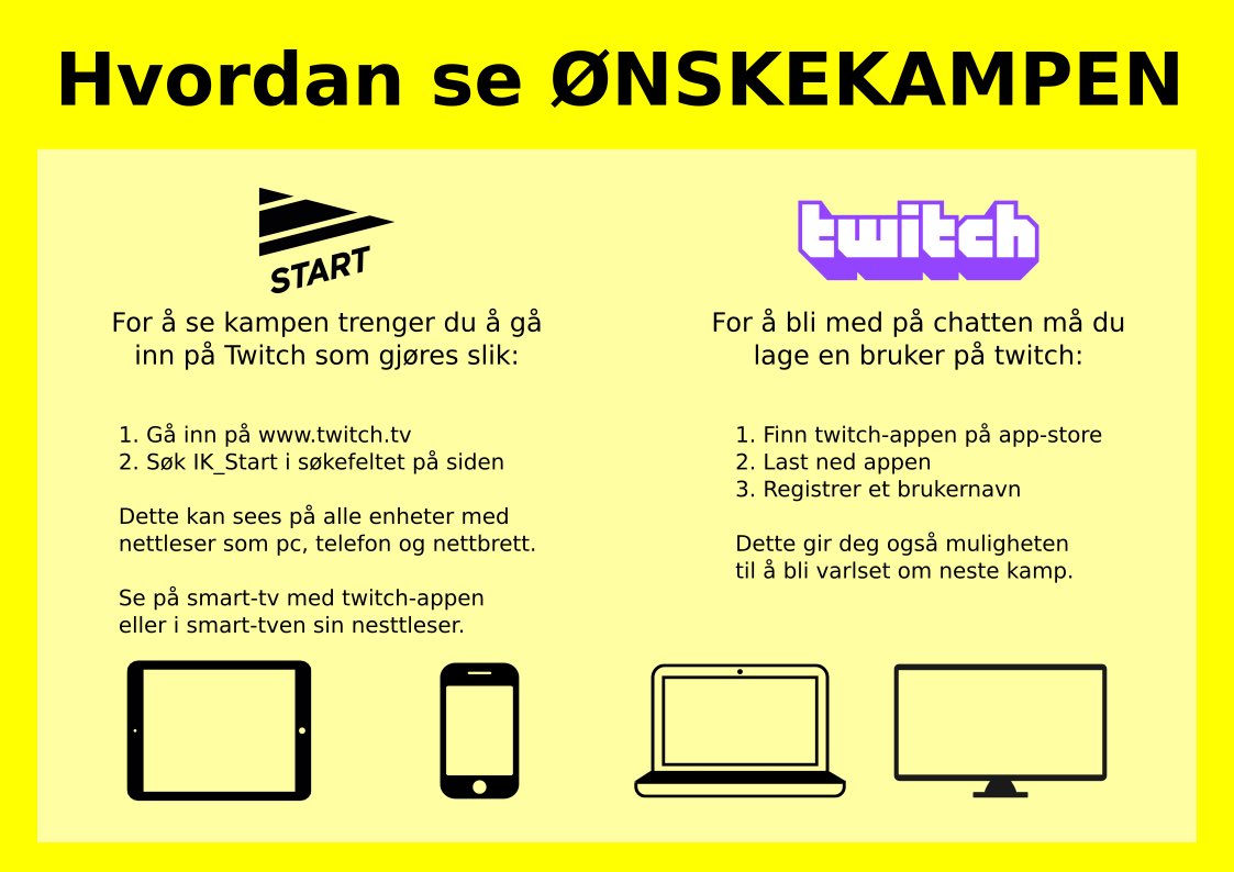 ikstart's tweet photo. Her ser du Ønskekampen! 
https://t.co/rTnHt9lQFQ 

Kampen vises åpent og gratis, men kjøp gjerne en billett eller annet i vår Vipps-kiosk for å støtte klubben💛 

Alt du må vite om kampen 👉 https://t.co/1sMqm625nJ https://t.co/EAJfhrf0pF