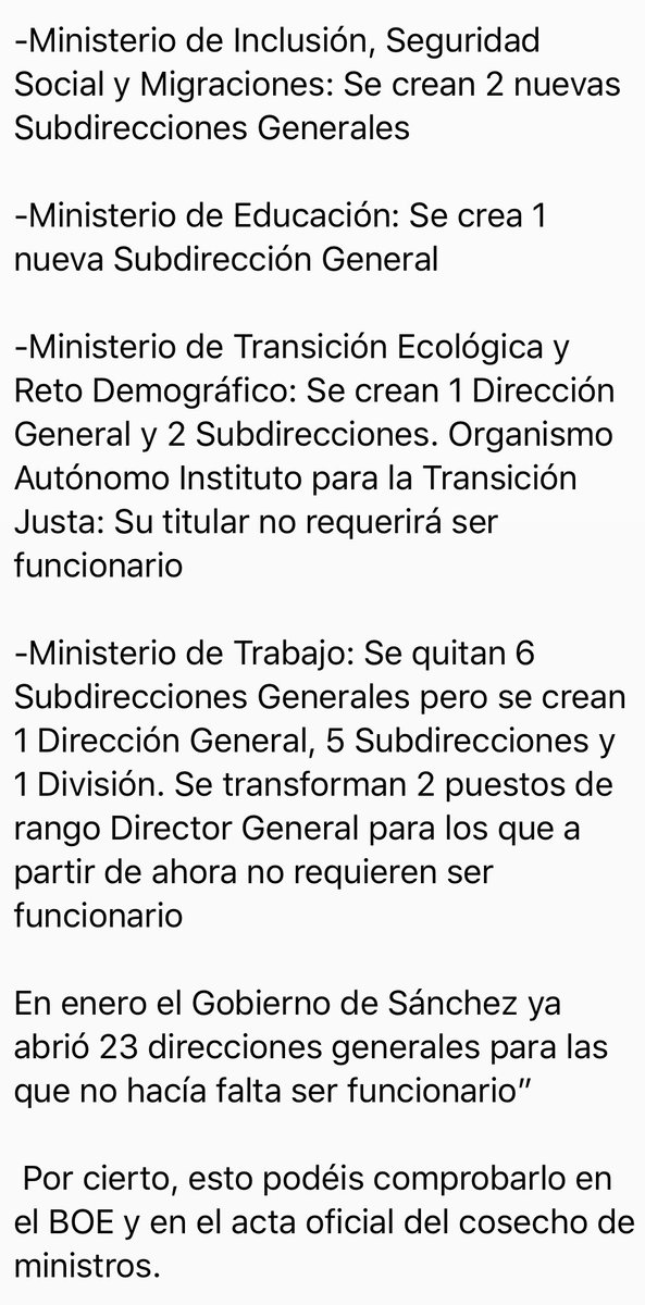 velardedaoiz2's tweet photo. Maravilloso. Millones de españoles en ERTE, una caída del PIB indescriptible, y estos creando Direcciones y Subdirecciones generales para amiguetes no funcionarios https://t.co/7bMvWff1JI