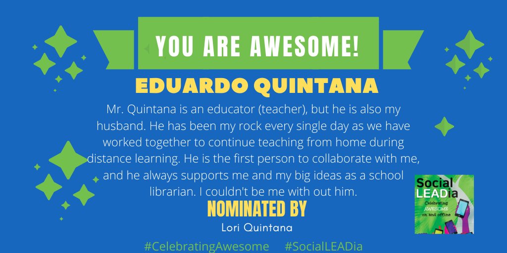 <a href="/EOQuintana/">Eduardo Quintana</a> Thank you for being so awesome! @LintheLibrary thinks so and so do I. Happy Saturday. #CelebratingAwesome #SocialLEADia