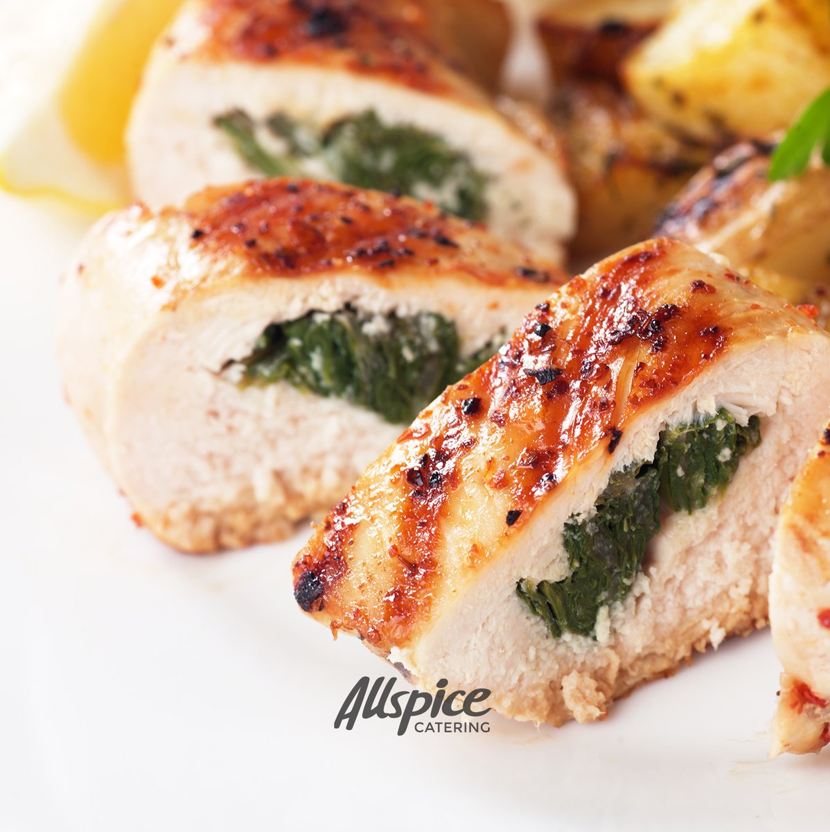 Take ou Menu! NEW! Fontina &amp; Arugula Stuffed Chicken Breast with Sun Dried Tomato Cream Sauce, Served with Herb Roasted Potatoes and Caesar Salad with Caesar Dressing and Croutons. Rolls &amp; Butter. Takeout Menu only. Serves 4 to 5 Guests.  🥐🥙🌯🥗allspicecatering.com/quick-order/a-…