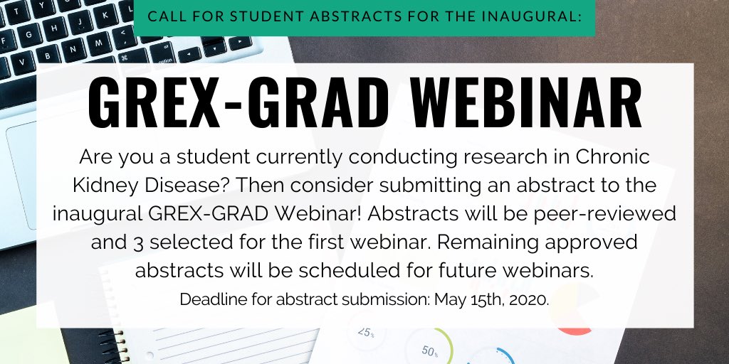 GREX will be hosting a GREX-Grad Webinar on May 22nd! This is a unique opportunity for students who are conducting CKD research to present findings to an international audience, while networking with other researchers! 

Info on criteria &amp; submission:
bit.ly/2Wfg30c
