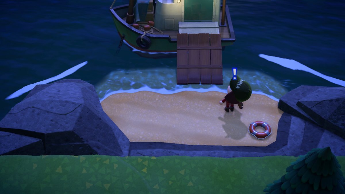 みらいばな うちの島の船着き場が 高台の後ろの三方岩場に囲まれた岩礁の小さな砂浜になったもんだから 船の密猟感が半端ない 夜は 怪しさ大爆発 そうだ たいまつも後で設置して怪しげ感アップさせておこうおこう W ぇ どうぶつの森