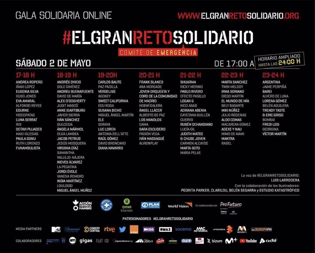 ¡Hoy es el gran día! Hoy sábado 2 es #ElGranRetoSolidario ✊ Desde las 17:00 y hasta las 00:00 yo estaré en la franja de las 23:00 a las 00:00 te esperamos en todos los canales de <a href="/c_emergencia/">Comité de Emergencia</a> Porque solo JUNTOS podremos superar esta crisis👍