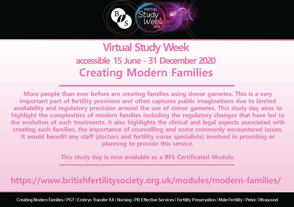 BritFertSoc's tweet photo. Creating Modern Families is one of 8 specialised modules at #BFSStudyWeek Accessible at your own pace & at a time to suit you #fertility #surrogacy #counselling @BICAuk @boivincardiff @LouisaGhevaert @DrJaneAStewart @jlawforddavies @FertilityNUK @metwally01 @BioNewsUK https://t.co/Raf7FAQRcl