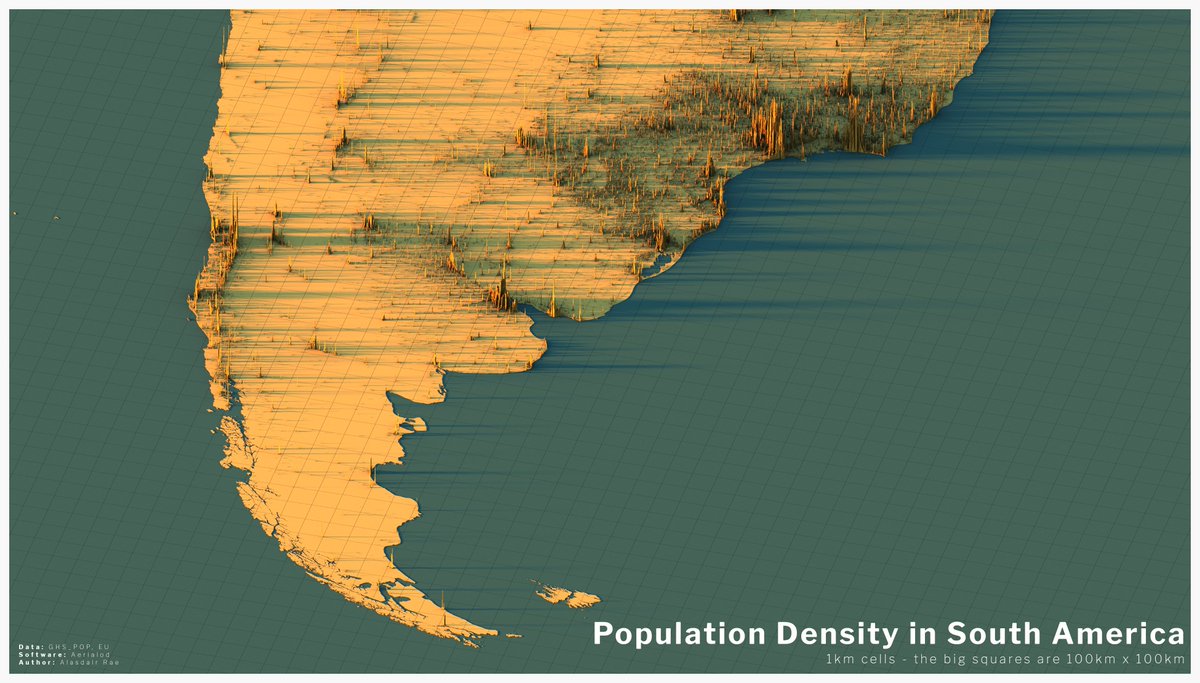 South America was a bit more difficult, but here are a few views of population density across the continent - looking closely, you can see some interesting patterns- a link back to the original blog post, which provides links to the data source etc  http://www.statsmapsnpix.com/2020/04/population-density-in-europe.html