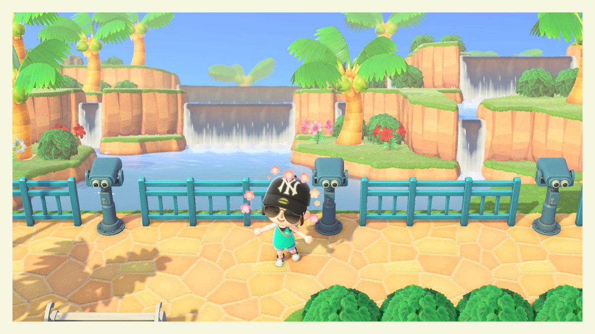 104. Un paysage tropical ! (Source:  https://www.reddit.com/r/AnimalCrossing/comments/gblfgv/no_matter_what_i_build_nothing_will_ever_come/)