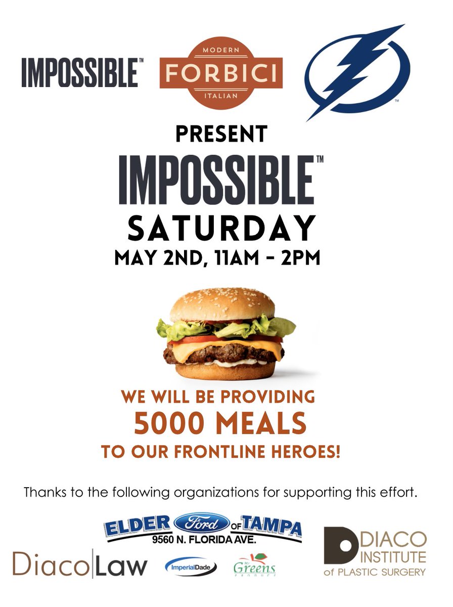 eatforbici's tweet photo. Happening today! 5000 @ImpossibleFoods burgers 🍔 to the First Responders and charities in #Tampabay! Thank you to our partners @TBLightning @ElderFordTampa @diacolaw @drdandiaco for this incredible opportunity! #feedthefrontline #eatforbici #impossiblesaturday https://t.co/ttYENUya6b