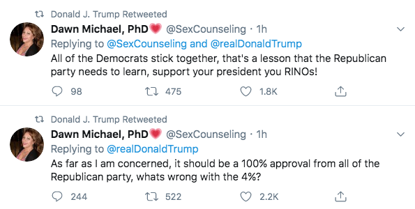This morning, Trump retweeted the "SexCounseling" QAnon account 2 more times (he's now amplified the account 9 times) & retweeted QAnon supporter & former congressional candidate DeAnna Lorraine Tesoriero (this is the 4th time he has amplified her).